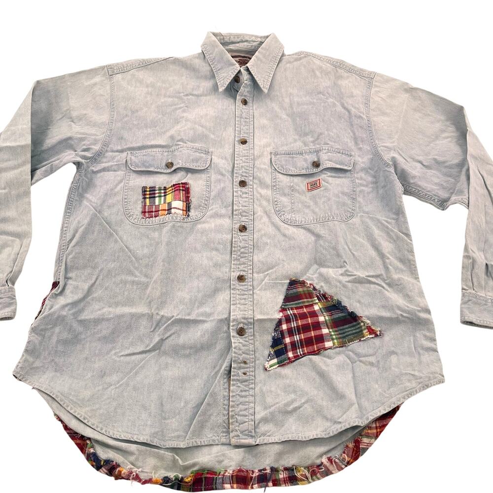 vintage 90s women's embellished chambray shirt denim button down plaid patch LG